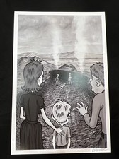 Listing image for Roswell Crash UFO X Files Aliens Cartoon Characters Print signed by artist Frank