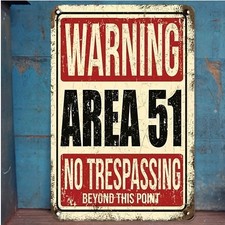 Listing image for Area 51 No Trespassing Metal Sign, Vintage UFO Wall Decor